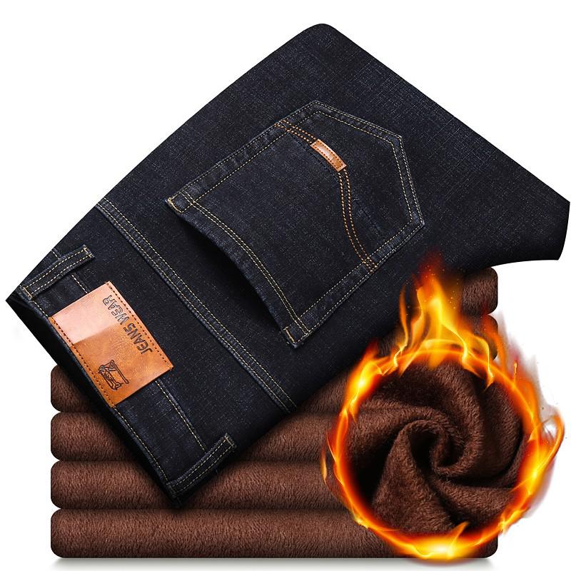 Pantalones vaqueros elásticos de franela cálidos térmicos de invierno para hombre, pantalones de lana de marca famosa de calidad, pantalones rectos flocados para hombre, pantalones vaqueros para hombre