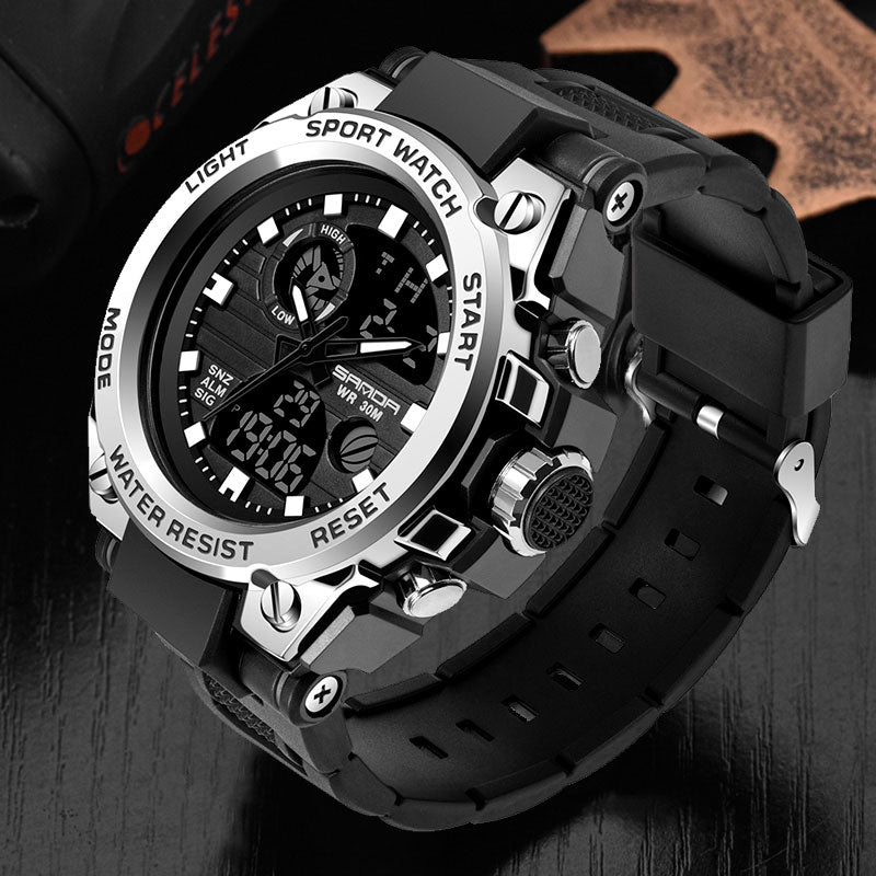 Reloj de pulsera de marca SANDA, relojes para hombre, reloj de pulsera de estilo deportivo militar, reloj de pulsera de doble pantalla para hombre, reloj resistente al agua, horas