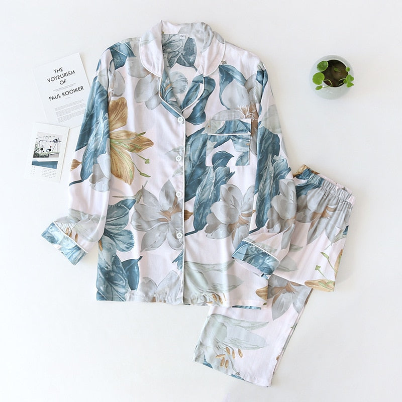 New spring and autumn long-sleeved trousers ladies pajamas set viscose cardigan butterfly flower simple thin home service summer