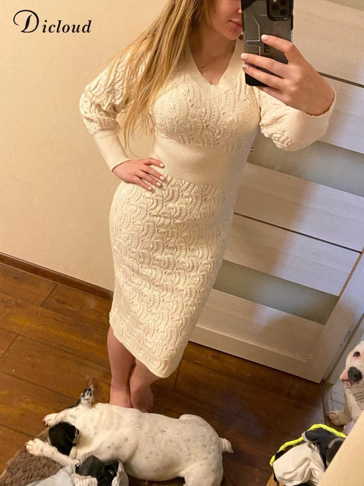 DICLOUD Beige Sweater Dress Women New Autumn Elastic Long Sleeve V Neck Elegant Hollow Midi Party Dresses Knitted Fashion 2022