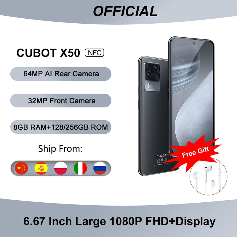 Cubot X50 Smartphone 8GB RAM 128/256GB ROM 64MP Quad Camera 6.67&quot; FHD+ Screen 32MP Selfie NFC Global 4G LTE Mobile Phone 4500mAh