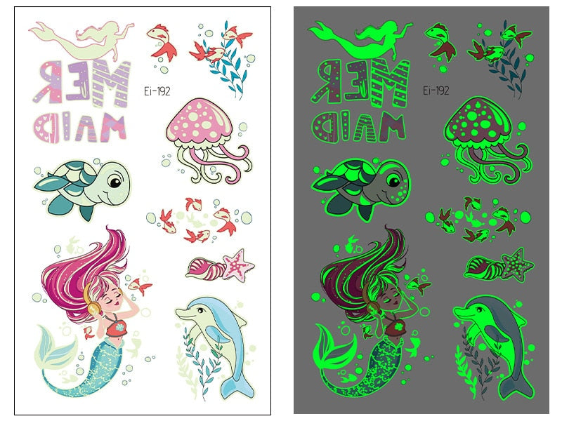 Tattoo Stickers Luminous Child Kid Temporary Fake Tattoos Glow Paste on Face Arm Leg for Children Body Art Mermaid Sticker