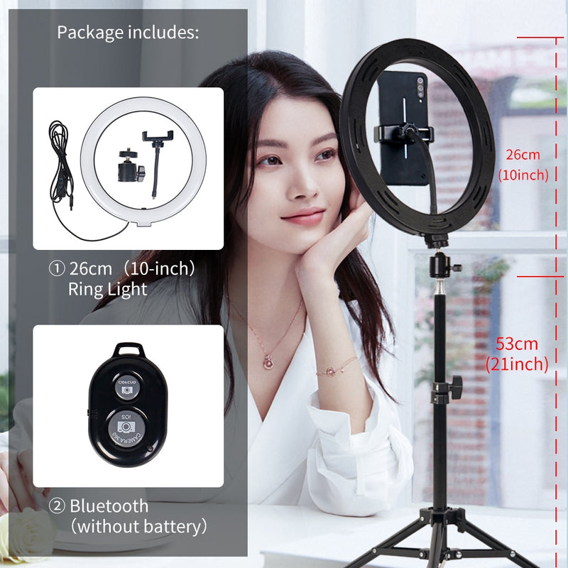 10&quot; Selfie Ring Light With Tripod Professional Photography Circle Ring Lamp Phone Holder Dimmable Ringlight For Youtube Makeup