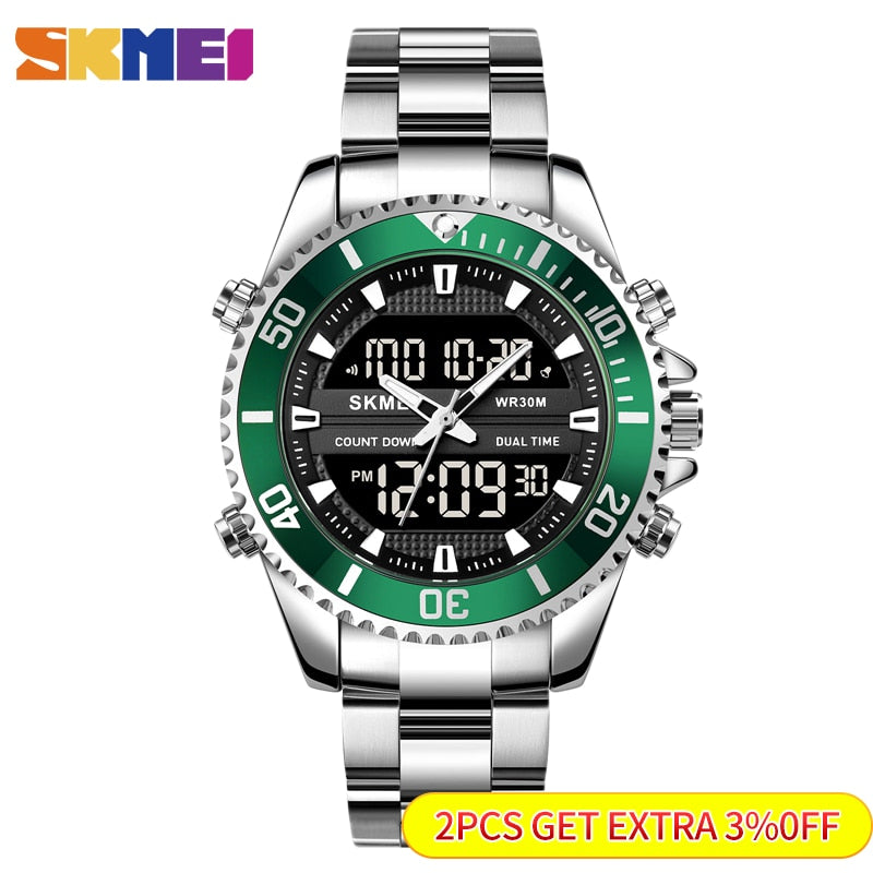 SKMEI Dual Display Watches Mens Fashion Digital Wristwatches Chrono Alarm Men Clock Waterproof Stainless Steel Relogio Masculino