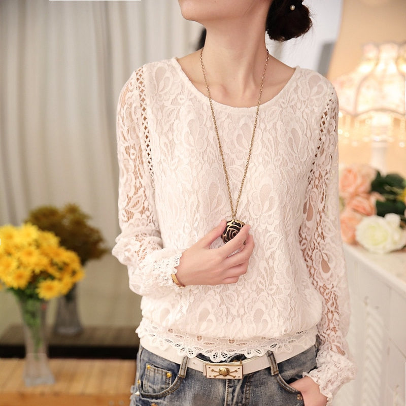 2022 Fashion Summer White Lace Women&#39;s Clothing Long Sleeve Chiffon Women Shirts Blouses Blusas Black Women&#39;s Tops Blouse 51C