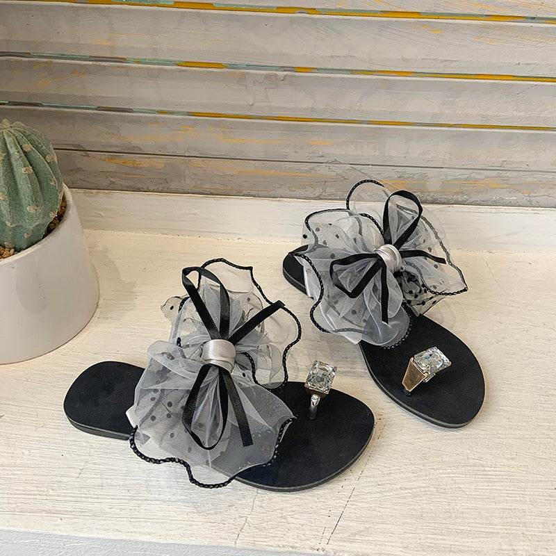 Sommer Nette Bowtie Schmücken Rutschfeste Sandalen Pantoffel Wohnungen Maultiere Lässige Mode Weibliche Flip Flops Mesh Strand Slides 2022 Heiß