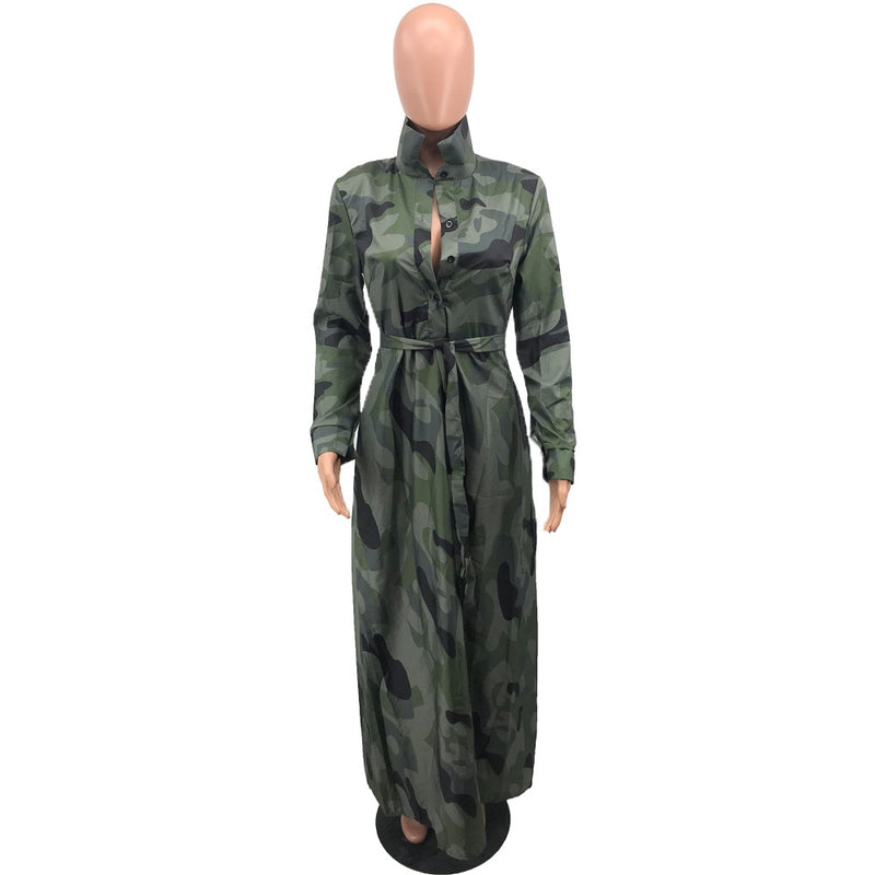 Frühling Herbst Camouflage Lange Kleider Damen Langarm Schlank Maxi Bodenlanges Kleid Kausales Umlegekragen Button Up Hemdkleid