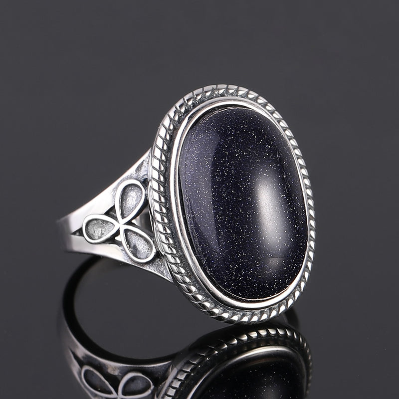 Vintage Ring Natural Blue Sandstone Rings for Women&