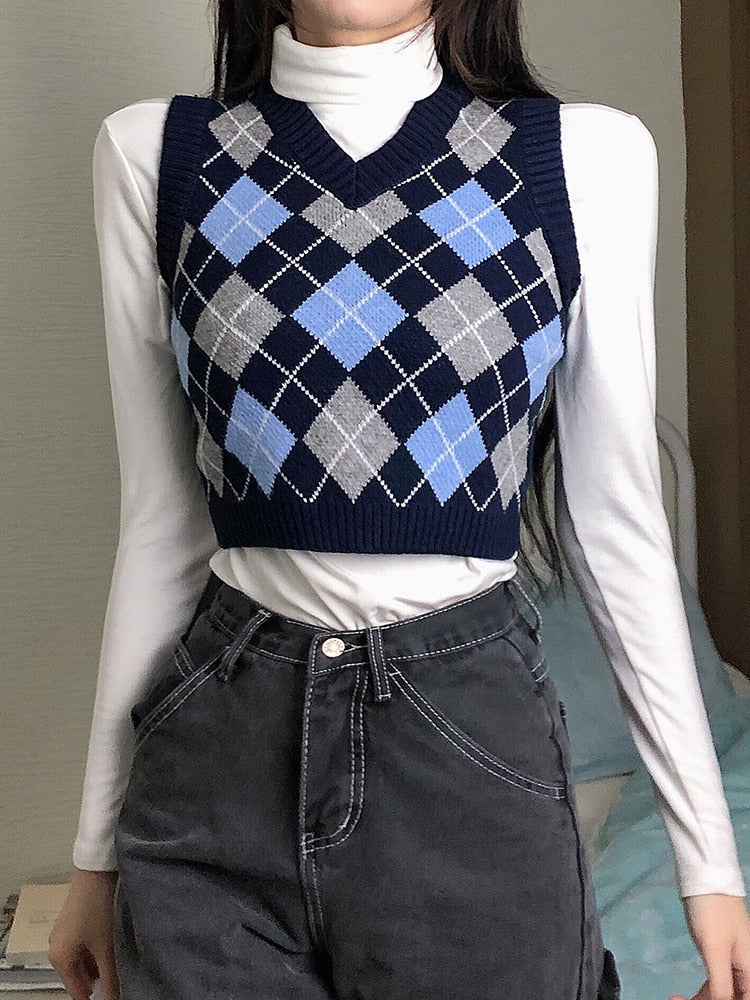 HEYounGIRL V-Ausschnitt Vintage Argyle Pullover Weste Damen schwarz ärmellos kariert gestrickt Crop Pullover lässig Herbst adrette Art