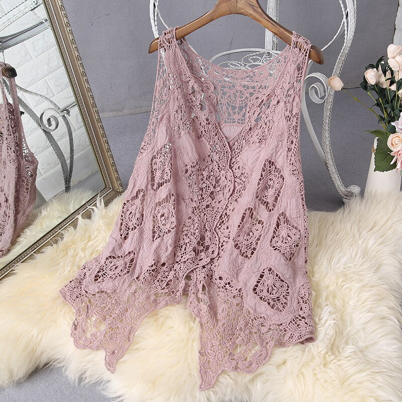 Hippie Froral Patch Design Weste Retro Vintage Häkeln Sommer Strand Cover Up Top Asymmetrische Open Stitch Kimono Cardigain 2022