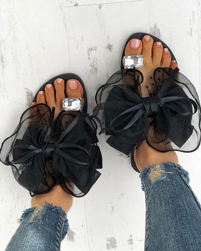 Sommer Nette Bowtie Schmücken Rutschfeste Sandalen Pantoffel Wohnungen Maultiere Lässige Mode Weibliche Flip Flops Mesh Strand Slides 2022 Heiß