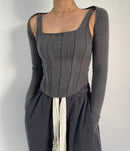 Korean Style Y2k Striped Stitching T-shirt Women 2 In 1 Shrug Set Co-ord Crop Shrug and Corset Tank Tops Set