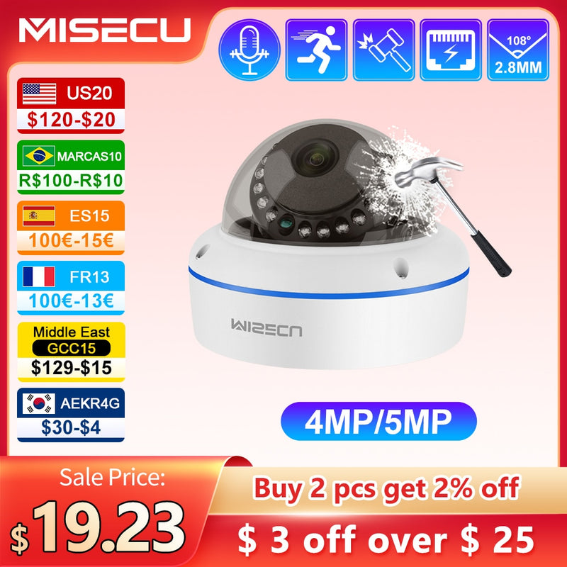 MISECU Super HD 5MP 4MP H.265 Surveillance IP POE Camera Audio Microphone Dome Indoor Security Home Camera Metal Email Push P2P