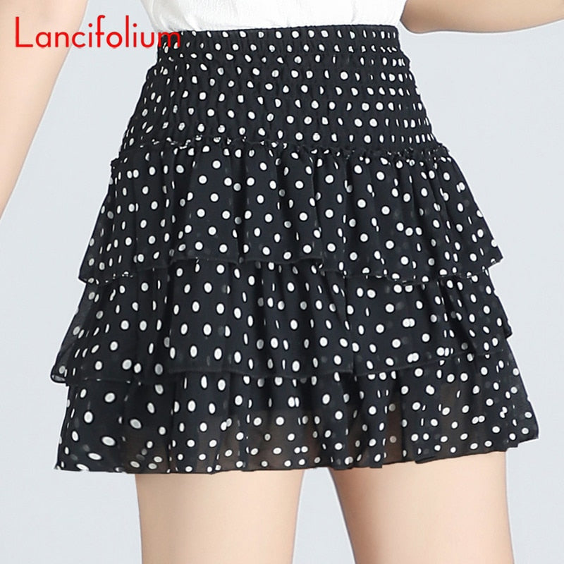 Cake Skirt Women Floral A Line Chiffon Mini Skirt Korean Kawaii Elastic High Waist Tiered Black White School Pleated Skirts B006