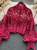 Sexy Lace Hollow Out Short Blouse Casual Lantern Long Sleeve Stand Collar Shirts Female Elegant Red/Pink/White Loose Tops 2020