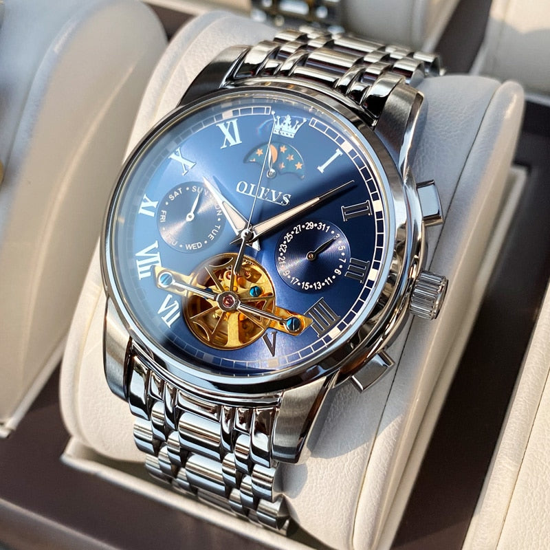 Reloj OLEVS para hombre, reloj mecánico automático, reloj de pulsera Stianless de la mejor marca, reloj de pulsera de lujo moon phaseTourbillon, regalos para hombre