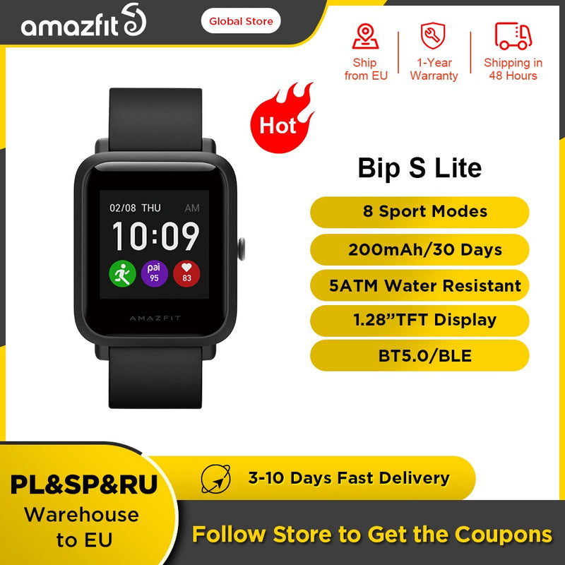 Original Amazfit Bip S Lite Smartwatch 5ATM Wasserdichtes Schwimmen Farbdisplay Smart Watch 1,28 Zoll für Android ios Telefon