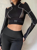 HEYounGIRL Patchwork Mesh Harajuku Sexy Crop Top Tshirt Ladies Punk Goth Long Sleeve T Shirt Women Fashion Basic Black Tee Shirt