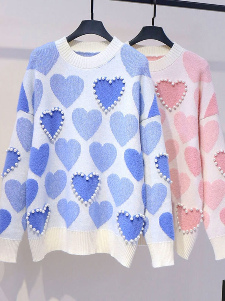 H.SA Damen-Strickpullover und -Pullover Oneck Pearls Beading Sweaters Sweet Heart Pull Jumpers Long Sleeve Kawaii Pull Femme