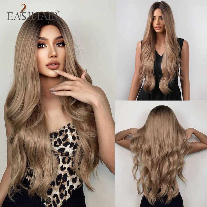 EASIHAIR largo ondulado marrón oscuro negro pelucas sintéticas parte media Natural pelucas de pelo para mujeres diario Cosplay fiesta resistente al calor