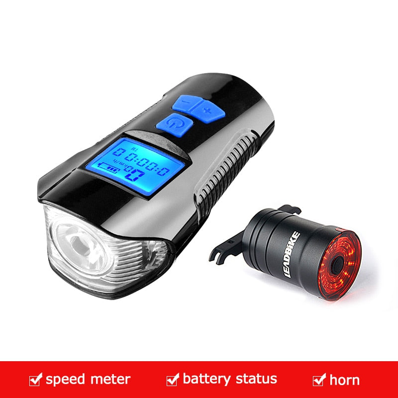 Waterproof Bicycle Light USB Charging Bike Front Light Flashlight Handlebar Cycling Head Light w/ Horn Speed Meter LCD Screen