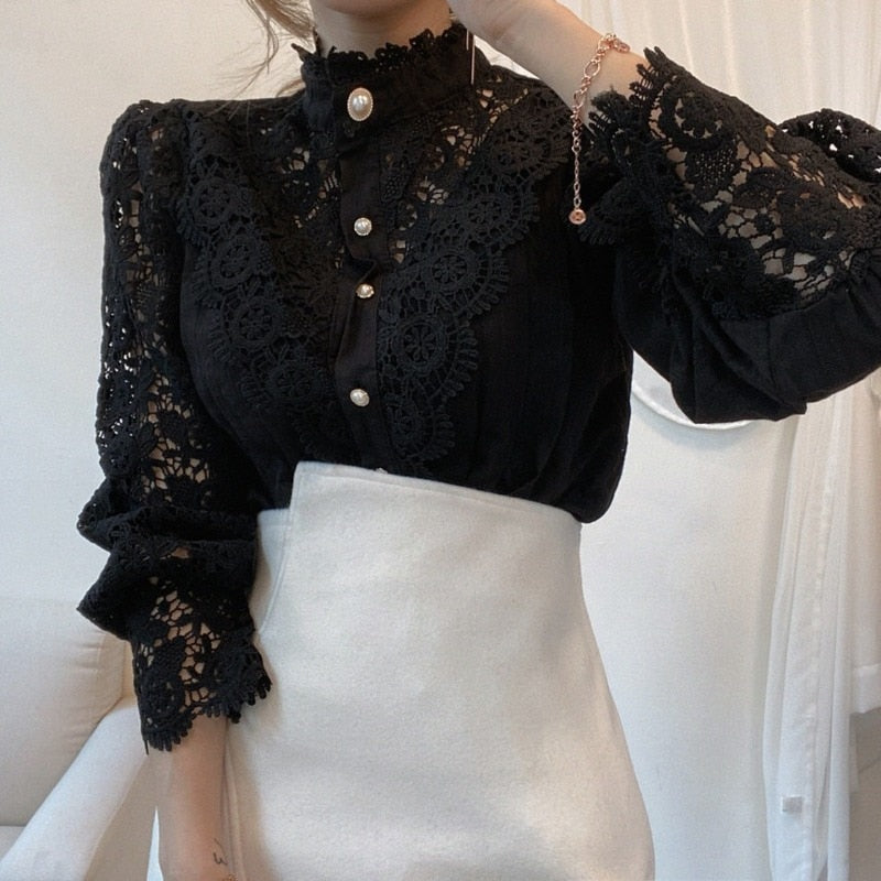 Spring Hollow Out Lace Shirt Women Blusas Mujer De Moda 2022 Office Lady Flower Blouse Stand Collar Button Female Clothing 12419