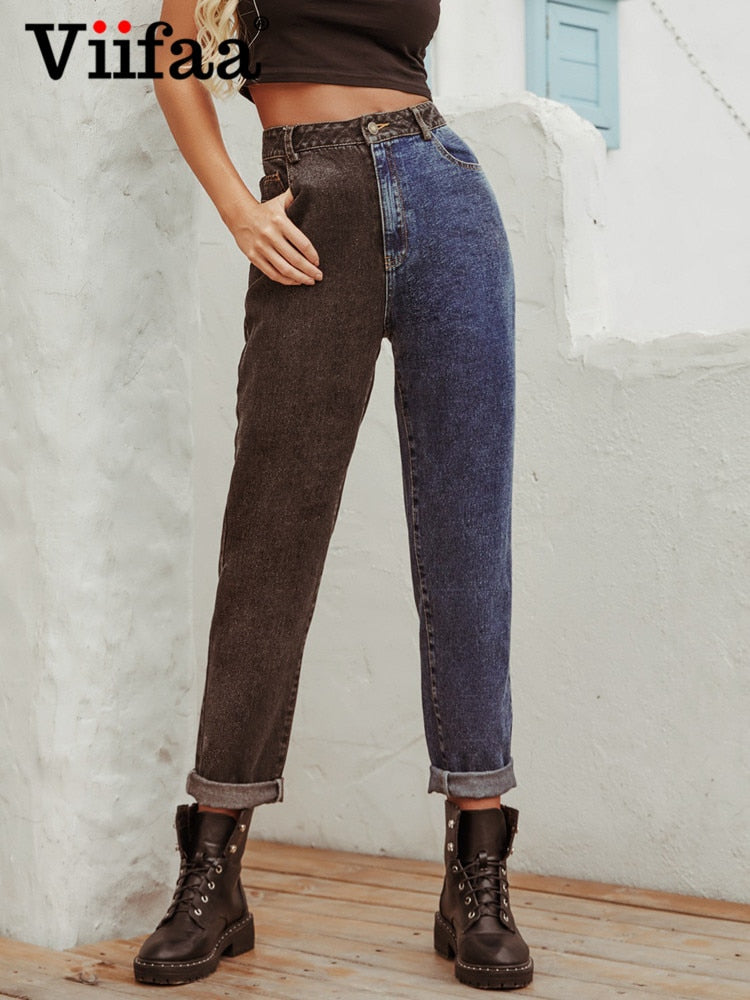 Viifaa Schwarz und Blau Zweifarbige Y2K Denim Jeans mit hoher Taille für Damen 2022 Reißverschluss Freizeithose Damen Gerade Jeans