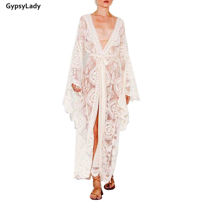 GypsyLady Summer Sunshine Bestickte Mesh-Cover-Ups Longline Kimono Weiße Tunika Strand Kaftan Holiday Long Boho Swimwears Tops