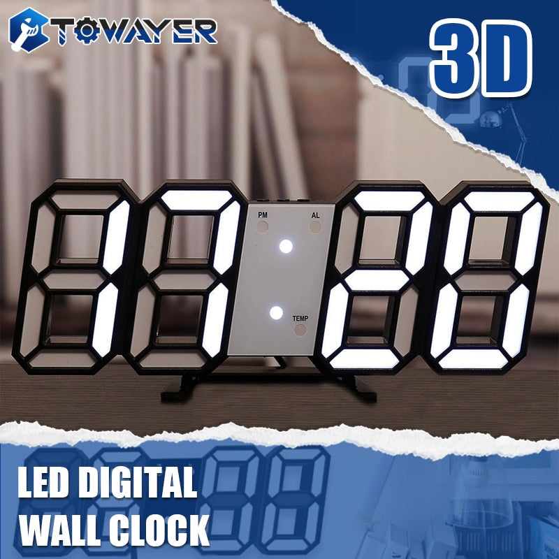 Towayer 3D LED grande Reloj de pared digital Fecha Hora Celsius Luz nocturna Pantalla Mesa Relojes de escritorio Reloj despertador de la sala de estar