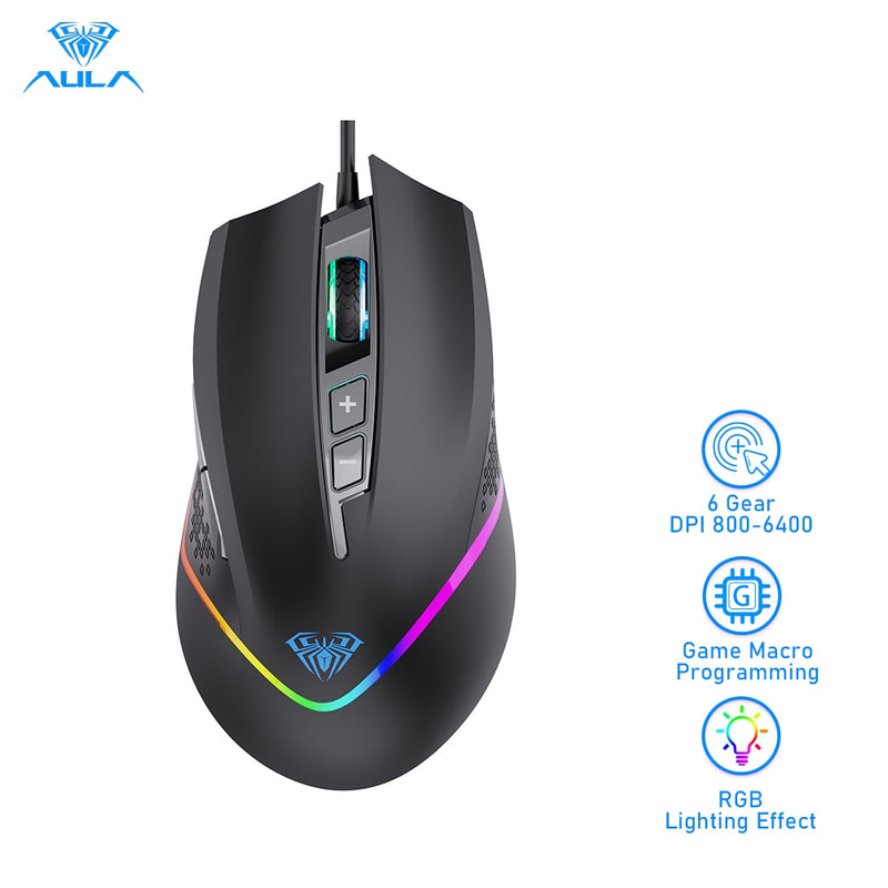 AULA F805 RGB Gaming Mouse 6400DPI Cable retroiluminado USB Computer Mouse Gamer 7 Botones programables Ergonómico para computadora portátil de escritorio