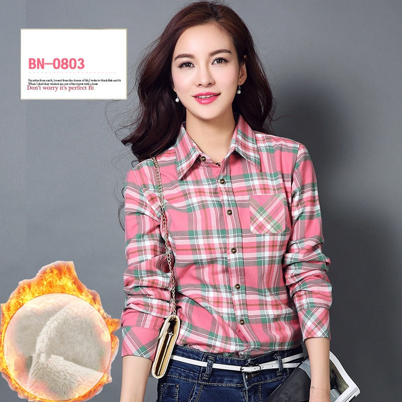 S-4XL Women Cotton Shirt Spring Autumn Winter 2022 New Casual Long-sleeve Brushed Plaid Stripe Shirts Girl's Tops Blouse Female