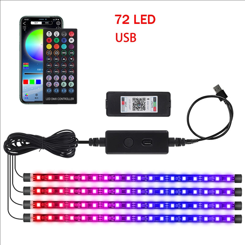 Luz LED para pie de coche, lámpara ambiental, aplicación USB, Control remoto de música, múltiples modos, luces decorativas interiores automotrices