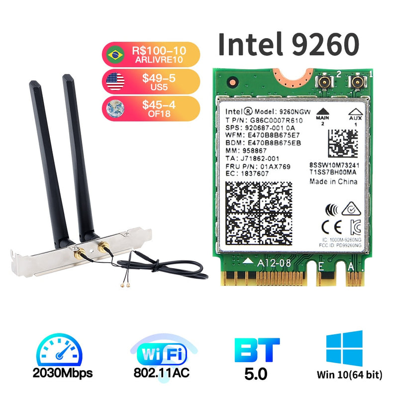 1730Mbps For Intel Dual Band Card Desktop Kit Bluetooth 5.0 802.11ac M.2 9260NGW Card With 2x 6 DBI Antenna For Win10 Laptop