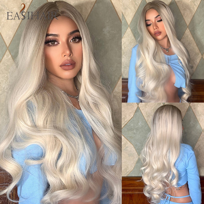 EASIHAIR Lange hellblonde Perücken im Ombré-Stil mit natürlichen Wellen, hitzebeständig, synthetische Perücken, Mittelteil, Cosplay-Perücken für Frauen