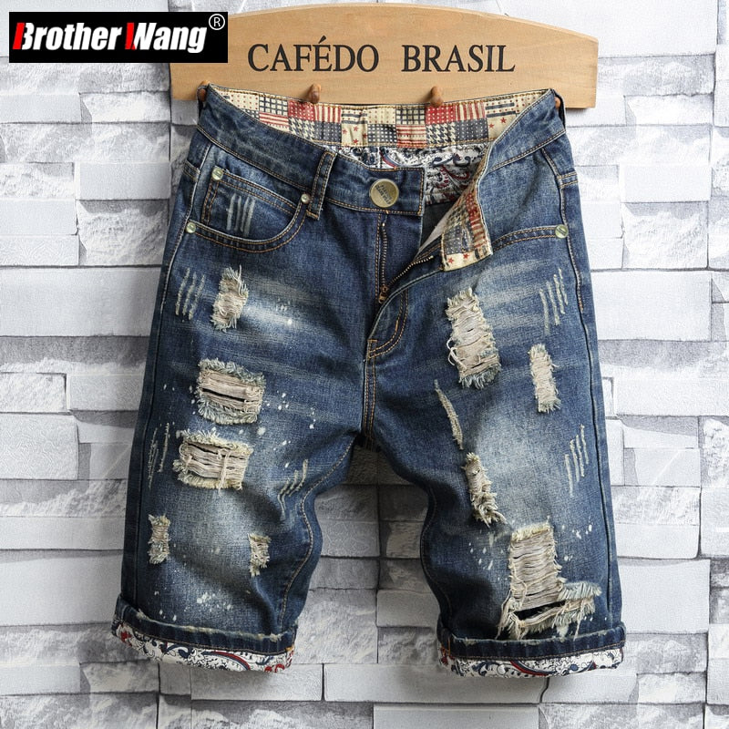Pantalones cortos de mezclilla con agujeros para hombres 2022 Verano Nueva moda Casual Slim Fit Ripped Retro Short Jeans Marca masculina