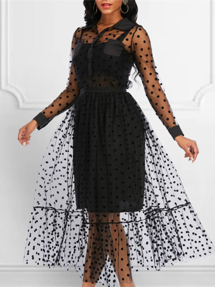 Women Black Mesh Two Pieces Set Polka Dot See Through Transparent Shirts Tops Tulle Skirts Lining Elastic Waist Pleated Jupes