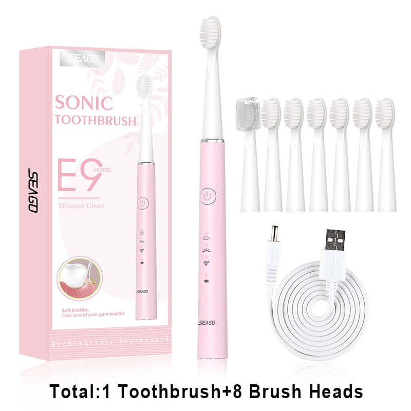 SEAGO Electric Toothbrush Sonic Rechargeable Travel Waterproof  Electronic Tooth 8 Brushes Soft Replacement Heads For Adult Gift