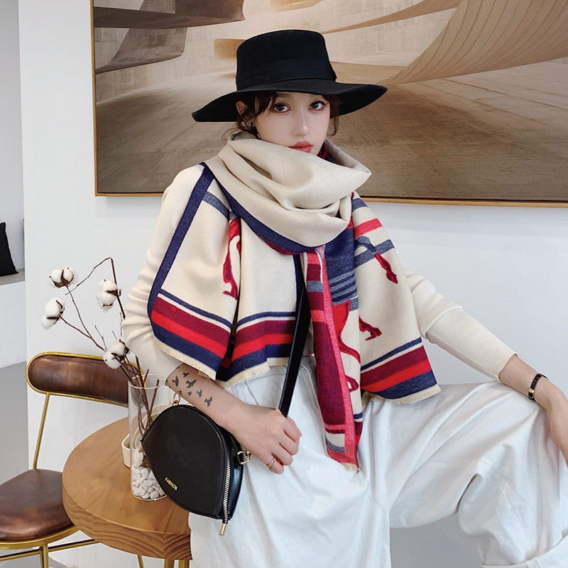 Luxury Horse Print Scarf Women Cashmere Winter Warm Scarves Brand Pashmina Shawls Lady Wraps Bufanda Thick Bandana