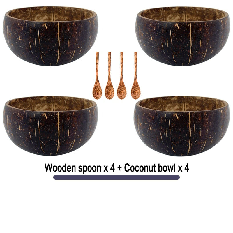 Frauen 12-15 cm Natürliche Kokosnussschale Geschirrset Handgemachtes Holzgeschirr Holzlöffel Dessert Obstsalat Rührreis Ramenschale