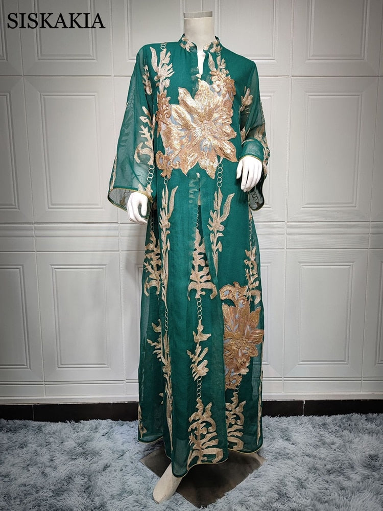 Siskakia Pailletten besticktes Abaya-Kleid für Frauen Marokkanischer Kaftan Türkei Arabisch Jalabiya Weiße islamische ethnische Robe 2021 Eid Neu