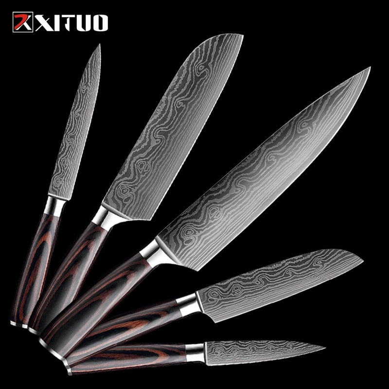 XITUO 1-5 STÜCKE Set Kochmesser Japanischer Edelstahl Schleiflaser Muster Messer Professionelle Scharfe Klinge Messer Kochwerkzeug