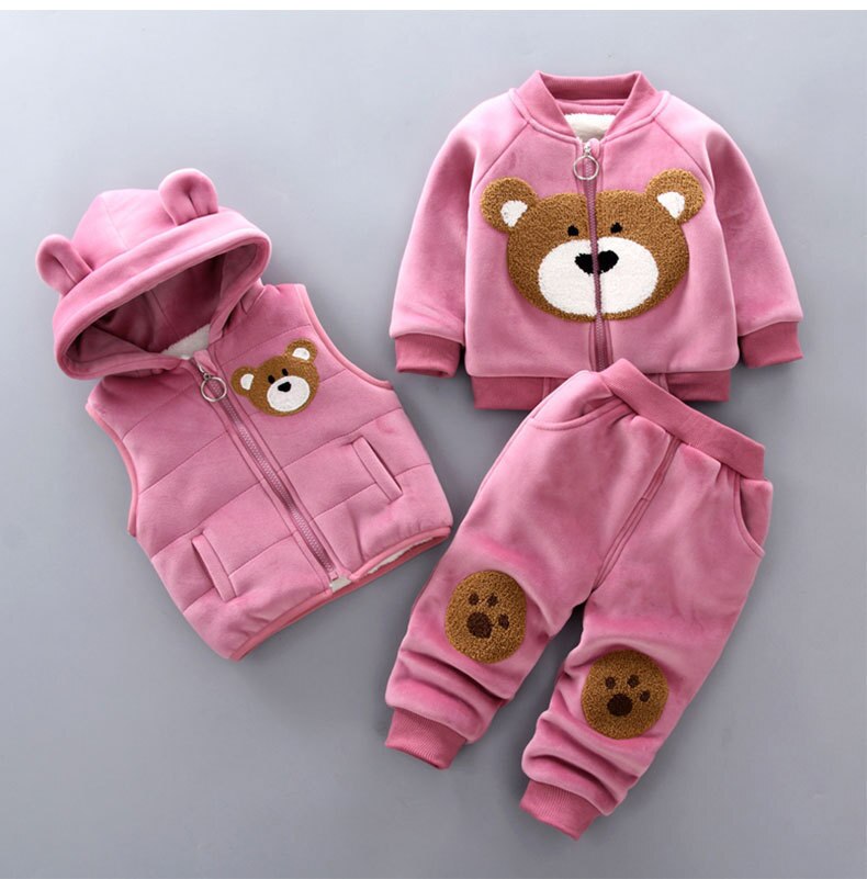 Winter Baby Mädchen Kapuzen Kleidung Kinder Weihnachten Sets Weste + Mantel + Hose 3 Stück Jungen Anzüge Cartoon Bär Kleidungsstück für Kinder im Alter von 1-4 Jahren