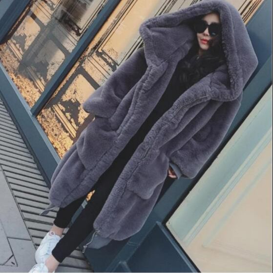 Winter Warm hooded Long Solid color Faux Fur Coat Casual Long sleeve Women Fur Jacket Loose Outwear