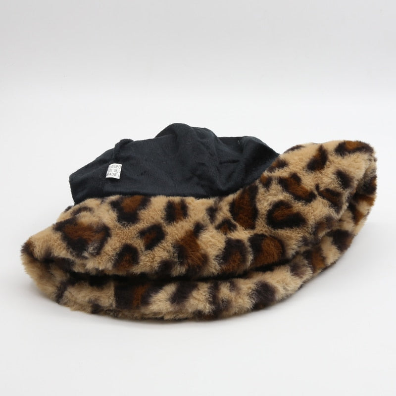 Winter Fashion Cute Leopard Bear Ear Bucket Hat For Women Thick Warm Faux Fur Furly Fisherman Cap Outdoor Protection Soft Panama