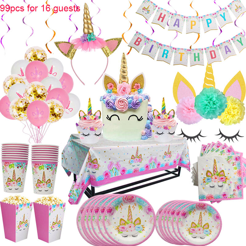 Unicorn Party Supplies Disposable Tableware Set Kids Birthday party Decoration Unicornio Decor Plates Cup Banner Baby Shower