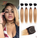50g/pc 4 Bundles with Closure Transparent Lace Ombre Blonde Brown Free Part Straight Remy Human Hair Short Bob Style