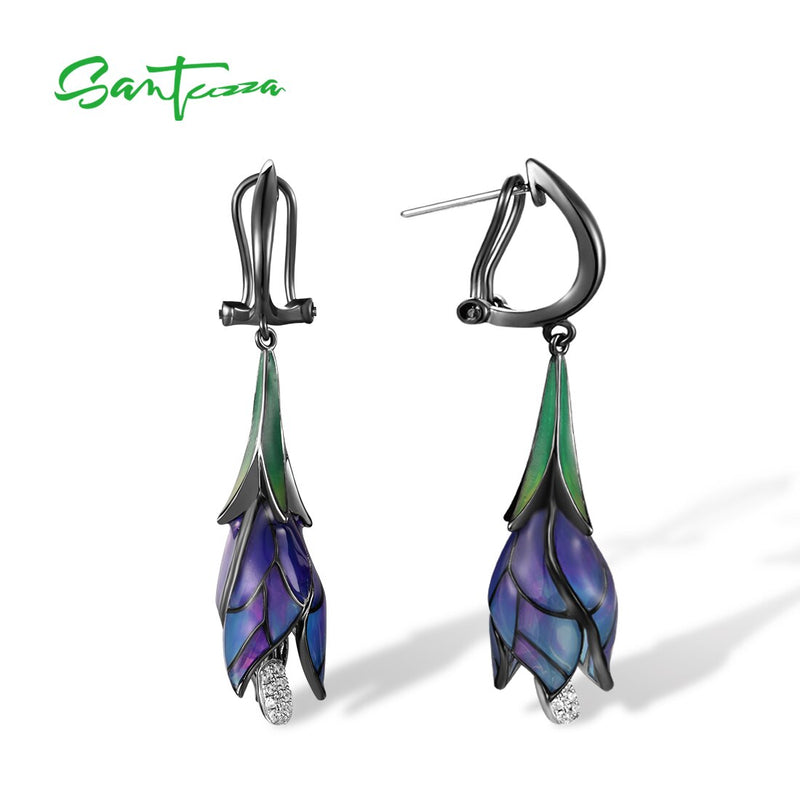 SANTUZZA Silver Earrings For Women Genuine 925 Sterling Silver Exquisite Drop Purple Flower Elegant Jewelry Handmade Enamel