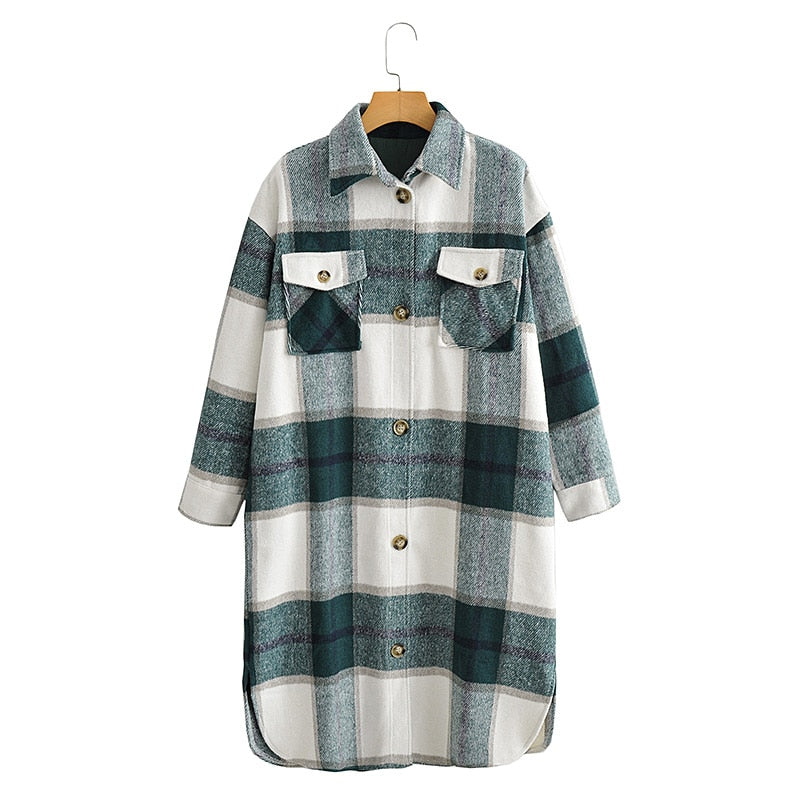 Tangada 2020 Autumn Winter Women green plaid Long Coat Jacket Casual Warm Overcoat Fashion Long Coats AI35