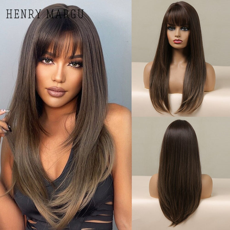 HENRY MARGU Long Straight Black Synthetic Wigs With Bangs Natural Fake Hairs for Women Afro Heat Resistant Cosplay Daily Wigs