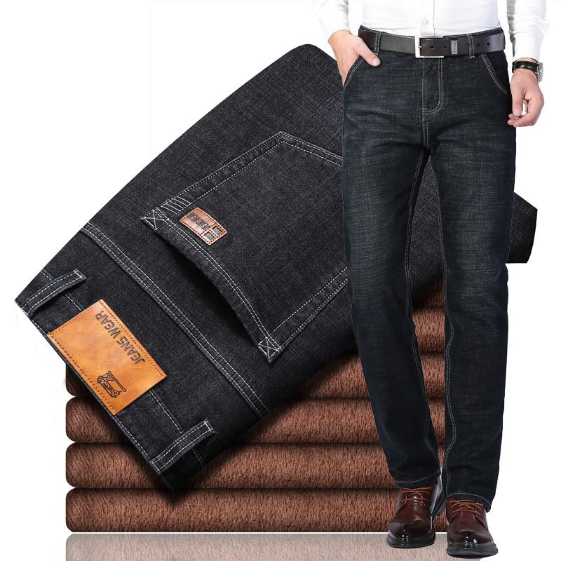 Pantalones vaqueros elásticos de franela cálidos térmicos de invierno para hombre, pantalones de lana de marca famosa de calidad, pantalones rectos flocados para hombre, pantalones vaqueros para hombre